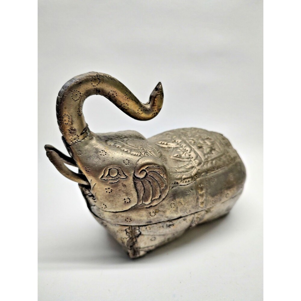 Vintage Metal Elephant Lidded Box Silver Color Oriental Art 7.5" x 6.5"